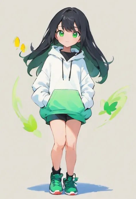 petite girl, white hoodie, Green eyes, black sneakers, black hair.