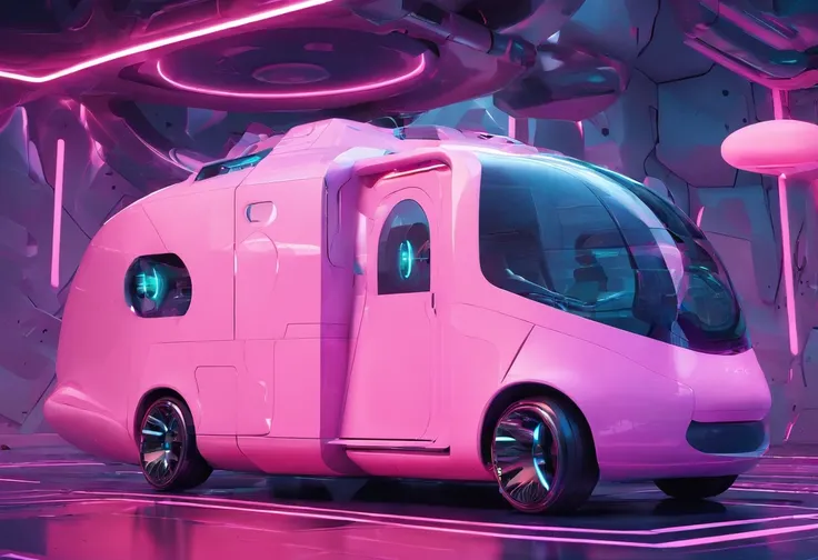 （Pink camper van designed by Alafei），There are 3 floors，The lowest level is the motorhome，In the middle is the living cabin，The drunken upper floor is the terrace cabin， Casa futurista, cute future vehicles, futuristic design, Futuristic car, futuristic ve...