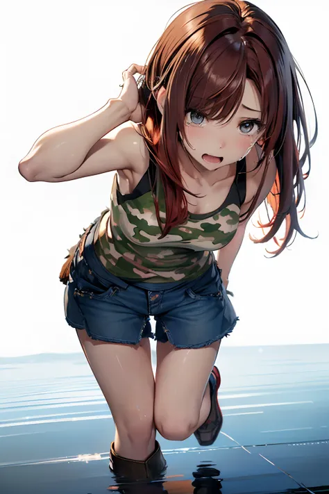 (Best Quality, 8K, Oil Painting, masutepiece:1.2), Ultra-detailed, (Realistic, Photorealistic:1.37), (((FULL BODYSHOT)))、Vibrant colors, Studio Lighting, (((The whole body is reflected)))、Shoulder-length bob hair, Green and brown tank top, Camouflage tank ...