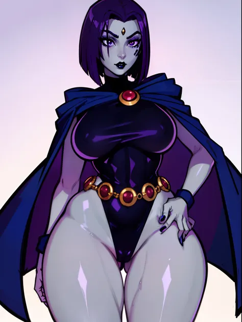 1girl,solo,RavenTT, dynamic post ,navy-blue cloak, brooch, leotard, belt,short hair,purple hair, purple eyes,black lipstick,grey skin,curvy,wide hips