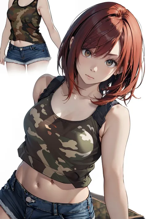 (Best Quality, 8K, Oil Painting, masutepiece:1.2), Ultra-detailed, (Realistic, Photorealistic:1.37), (((FULL BODYSHOT)))、Vibrant colors, Studio Lighting, (((The whole body is reflected)))、Shoulder-length bob hair, Green and brown tank top, Camouflage tank ...