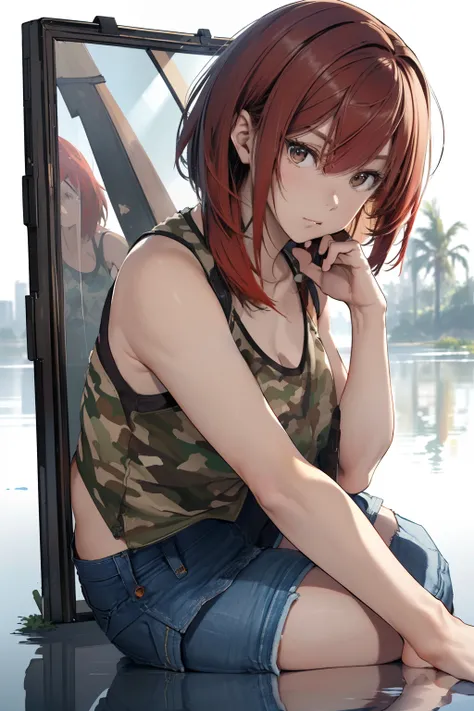 (Best Quality, 8K, Oil Painting, masutepiece:1.2), Ultra-detailed, (Realistic, Photorealistic:1.37), (((FULL BODYSHOT)))、Vibrant colors, Studio Lighting, (((The whole body is reflected)))、Shoulder-length bob hair, Green and brown tank top, Camouflage tank ...