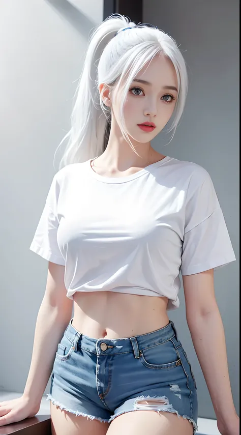 Realistic, high resolution, 1 girl, ponytail white hair, korean, blue eyes, shirt, skinny denim shorts, mid-chest, thin waist, thighs