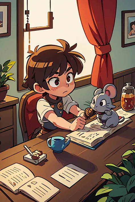 Mouse knight with sword in hand, against the background of the kitchen table,cartoony