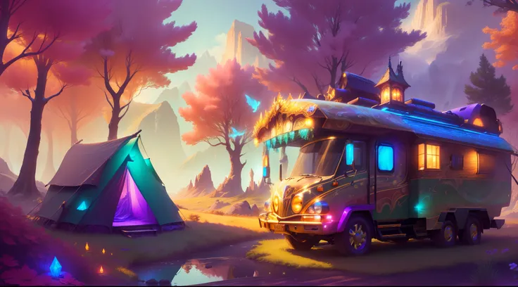 Model Dream Shaper ,Fairy Tale AI, An unusual Fantasy Magic RV made of leaves and grass stands on a road against a mountain backdrop , The wheels of the RV are made of magic wood , The body is made of magic steel，cozily, camping, camp，Fire，vivd colour, Fan...