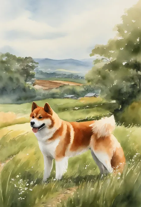 watercolor paiting。countryside in japan。Red-headed Akita Inu。during daytime。夏天。