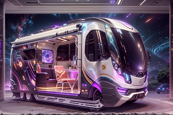 （medium shot），model sculptor dreamer ,fairy tale ai, （a stunning high-tech motorhome comes into view。it is a perfect fusion of f...