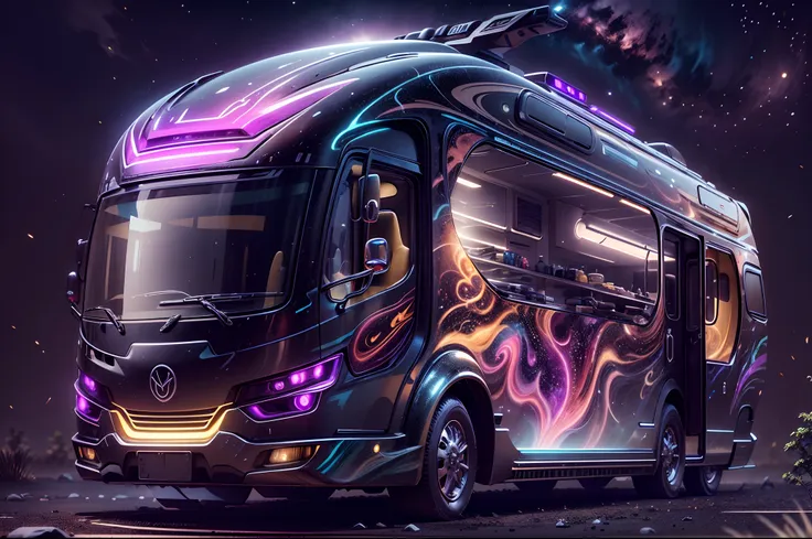 （Medium shot），Model sculptor dreamer ,Fairy Tale AI, （A stunning high-tech motorhome comes into view。It is a perfect fusion of futuristic technology and the unique aesthetic of Planet Cybertron。The body of this motorhome has a streamlined design，Exudes a m...