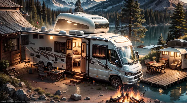 tmasterpiece, concept-art, Medium shot, (High-tech future motorhomes:1.2), cozily, camping, pines, Cloud, Mountain lake background, vivd colour, voluminetric lighting, Global illumination, k hd