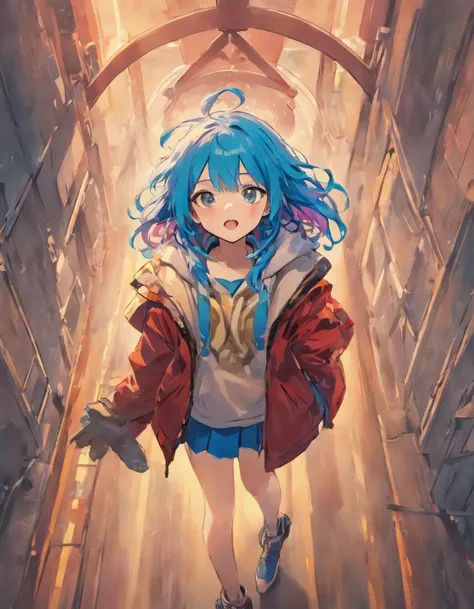 Blue haired girl、Girl with red hair、The two are good friends、parka、cardigan、a miniskirt、a beauty girl