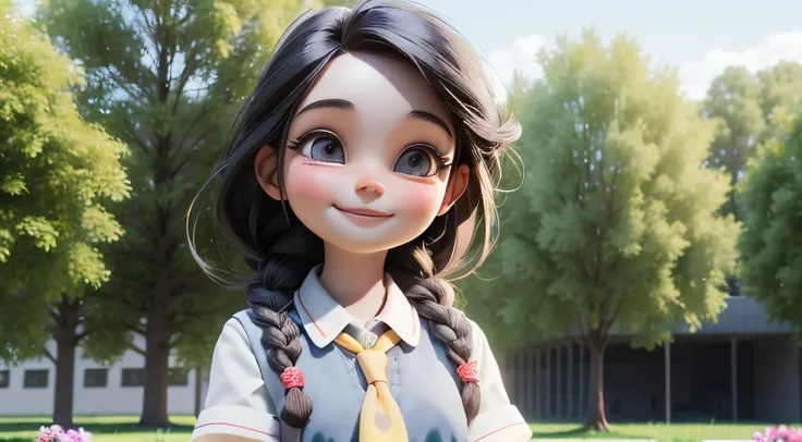 a close-up view of a cute young schoolgirl in braids standing with a smile, background is full of trees, flowers, grasses and the school building and field, daytime, 3D pixar style, High-res