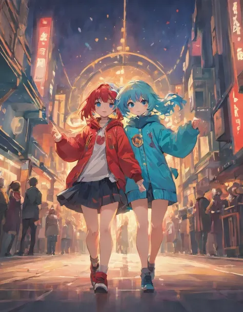 Blue haired girl、Girl with red hair、length hair、Side tail、The two are good friends、parka、cardigan、a miniskirt