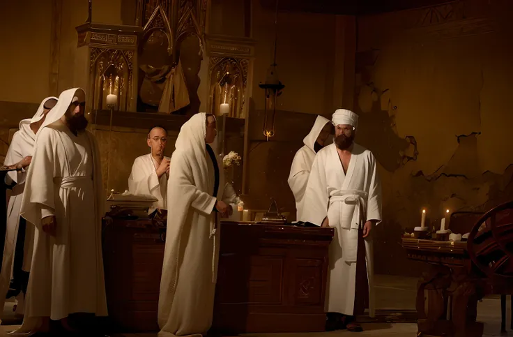 Several people in white robes are standing around the table, robed figures sat around a table, dressed in white robes, white robes, clad in robes, wearing a white robe, Ancient kings in white robes, covered in robes, wearing robe, flowing white robes, reli...