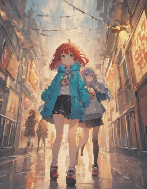 Blue haired girl、Girl with red hair、length hair、Side tail、The two are good friends、parka、cardigan、a miniskirt