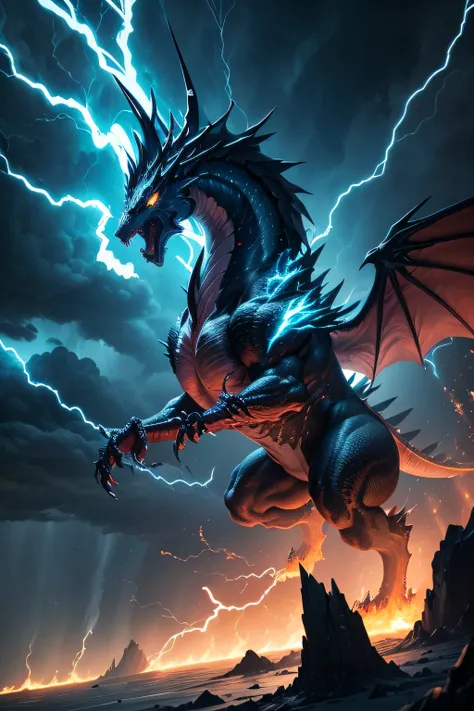 yellow lightning dragon,storm cloud,powerful storm,electricity,thunder,heavy rain,dark sky,roaring thunderbolts,strong wind,flashing light,bolts of lightning,ominous atmosphere,majestic creature,dark scales,sharp claws,fiery eyes,fierce expression,flying i...