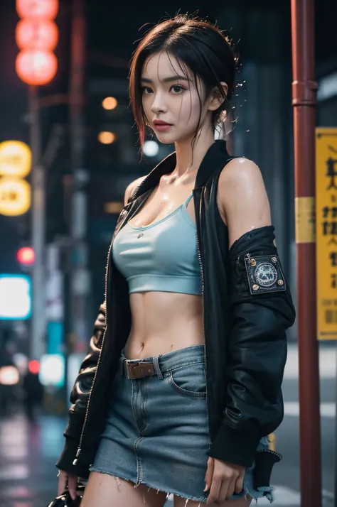 walking down the street、There is a woman with headphones, sideboob barbosa, wearing bra, in a tokyo street, cleavage, over the shoulder closeup, candid shot, Over - Shoulder - Shot, Shot over the shoulder, over shoulder shot, over the shoulder shot, over t...