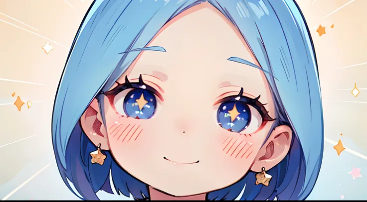 youthfulness, man,gentlmen, Star Earrings, Blue hair, Solo, Face Focus, Bob Hair, Forehead, hair behind ear, star-shaped pupils, Half-closed eyes, lightsmile, Anime, Anime style, Pixar, Super Detail, nffsw