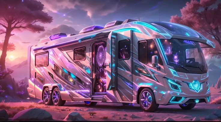 （medium shot），model sculptor dreamer ,fairy tale ai, （a stunning high-tech motorhome comes into view。it is the perfect combinati...