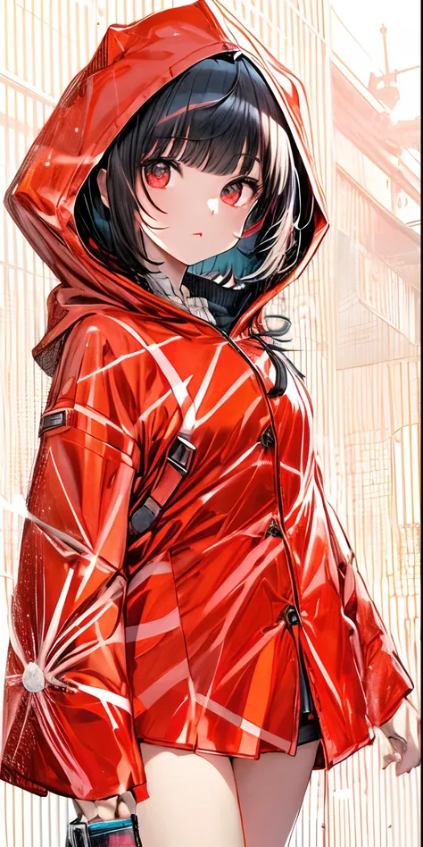 1girl in, hoods、Red clothes、Red poncho、bob cuts、Blunt bangs、A dark-haired、Black shorts raincoat、raincoat、​masterpiece, detailed shadow, Detailed light, ighly detailed, top-quality, hard disk, 4K, hightquality,the detail