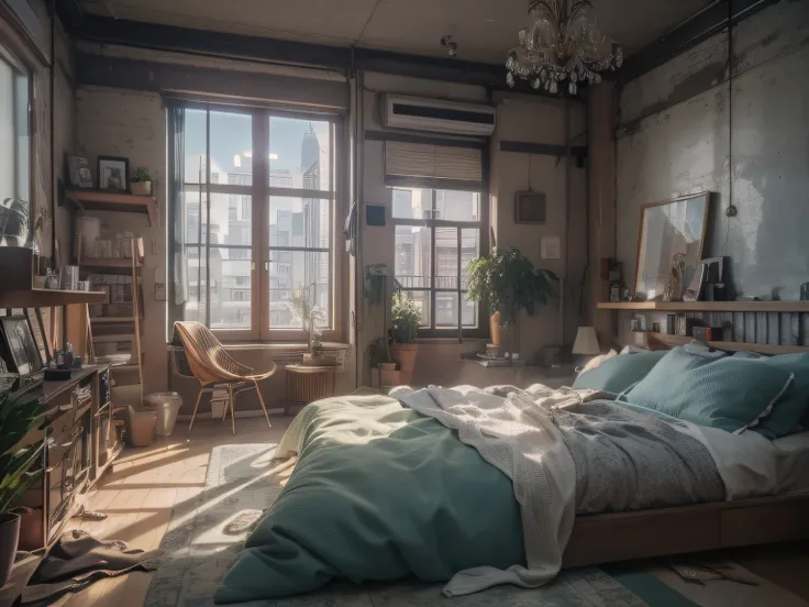 High detail RAW color photography, Loft-style bedroom interior, (The is very detailed, Hyper-detailing, entangled), (Lens glare: 0,7), (full bloom: 0,7), particle fx, Ray traching, 电影灯光, Shallow depth of field, Shot with Sony a9 II, 50mm wide angle lens, s...