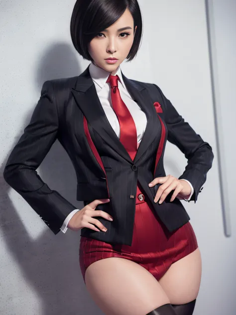 1 woman, ada wong, fully clothed, skirt suit, suit and tie, (((red three-piece suit))), silk dress shirt, shirt and tie, necktie, ((blazer)), ((suit jacket)) ((waistcoat)), bodycon miniskirt, pantyhose, tights, stockings, ((pinstripe suit)), high heels, ti...