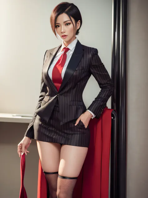 1 woman, ada wong, fully clothed, skirt suit, suit and tie, (((red three-piece suit))), silk dress shirt, shirt and tie, necktie, ((blazer)), ((suit jacket)) ((waistcoat)), bodycon miniskirt, pantyhose, tights, stockings, ((pinstripe suit)), high heels, ti...