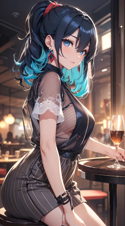 top-quality、Top image quality、​masterpiece、girl with((cute little、18year old、Best Bust、Medium bust、Bust 85,Beautiful blue eyes、Breasts wide open,Black Short Sleeve T-Shirt、White see-through、Black short skirt、Ponytail with black hair、Beautiful blue earrings...