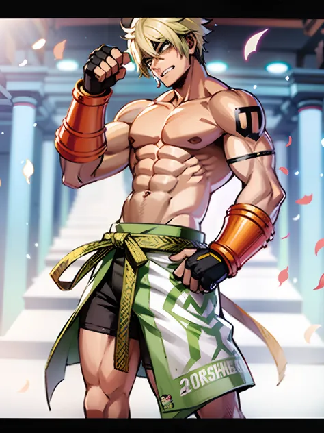 personagem de anime com um corpo musculoso e um cinto, cabelo verde, musculoso!!, Furio Tetesschi, Personagem de King of Fighters, musculoso!, Makoto, pose de bolo de carne, como personagem em tekken, personagem de jogo de luta, Daigo Ikeno, Pose de lutado...