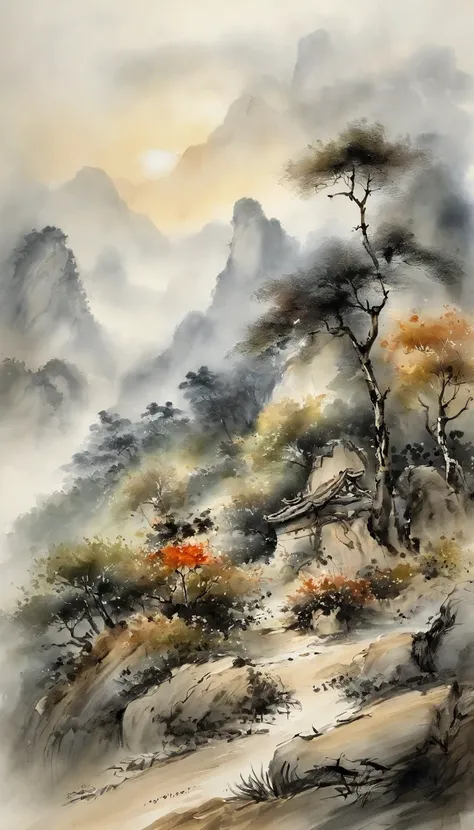 Chinese landscape painting，ink and watercolor painting，water ink，ink，Smudge，Faraway view，Ultra-wide viewing angle，Meticulous，Five cow diagram，Waves，River side，Small Stone Bridge，grassy fields，The tree，The vista is a mountain，（8k wallpaper），（light and shado...