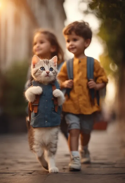 I have two little kittens, a cute little cat, cute kittens, Cutest, Incredibly cute, Adorable and cute, And cute and lovely. They are walking down the street with backpacks, Walking together, commute, Proudly walk down the street, And the cat is walking. T...