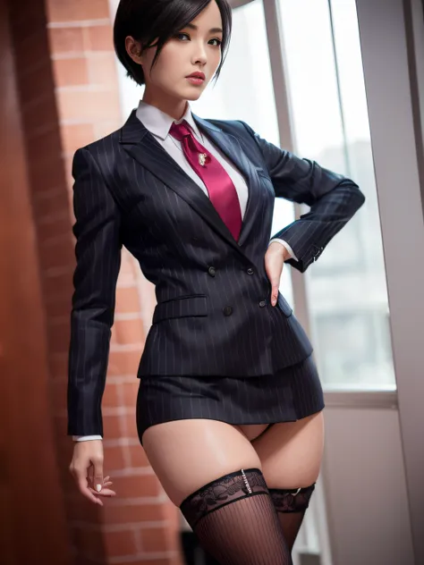 1 woman, ada wong, fully clothed, skirt suit, suit and tie, (((mavy three-piece suit))), silk dress shirt, shirt and tie, necktie, ((blazer)), ((suit jacket)) ((waistcoat)), bodycon miniskirt, pantyhose, tights, stockings, ((pinstripe suit)), high heels, t...