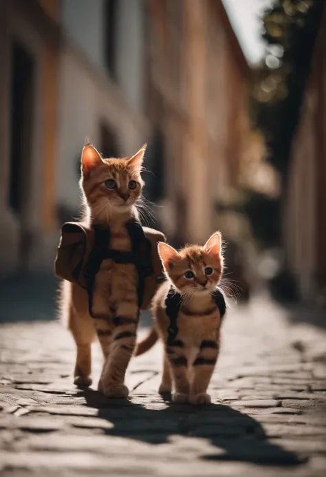 I have two little kittens, a cute little cat, cute kittens, Cutest, Incredibly cute, Adorable and cute, And cute and lovely. They are walking down the street with backpacks, Walking together, commute, Proudly walk down the street, And the cat is walking. T...