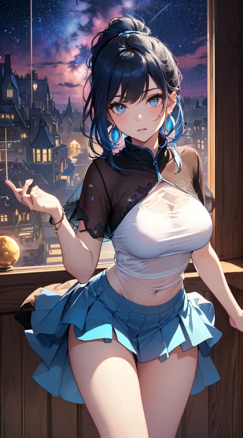 top-quality、Top image quality、​masterpiece、girl with((cute little、18year old、Best Bust、Medium bust、Bust 85,Beautiful blue eyes、Breasts wide open,Black Short Sleeve T-Shirt、White see-through、Black short skirt、Ponytail with black hair、Beautiful blue earrings...