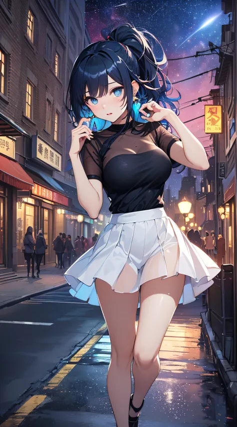 top-quality、Top image quality、​masterpiece、girl with((cute little、18year old、Best Bust、Medium bust、Bust 85,Beautiful blue eyes、Breasts wide open,Black Short Sleeve T-Shirt、White see-through、Black short skirt、Ponytail with black hair、Beautiful blue earrings...