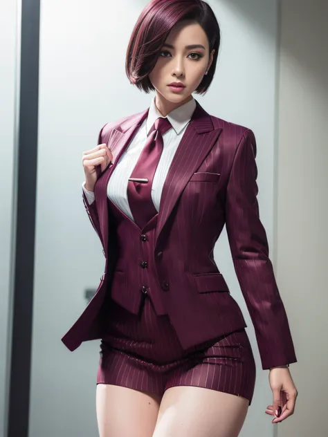 1 woman, ada wong, fully clothed, skirt suit, suit and tie, (((burgundy three-piece suit))), silk dress shirt, shirt and tie, necktie, ((blazer)), ((suit jacket)) ((waistcoat)), bodycon miniskirt, pantyhose, tights, stockings, ((pinstripe suit)), high heel...