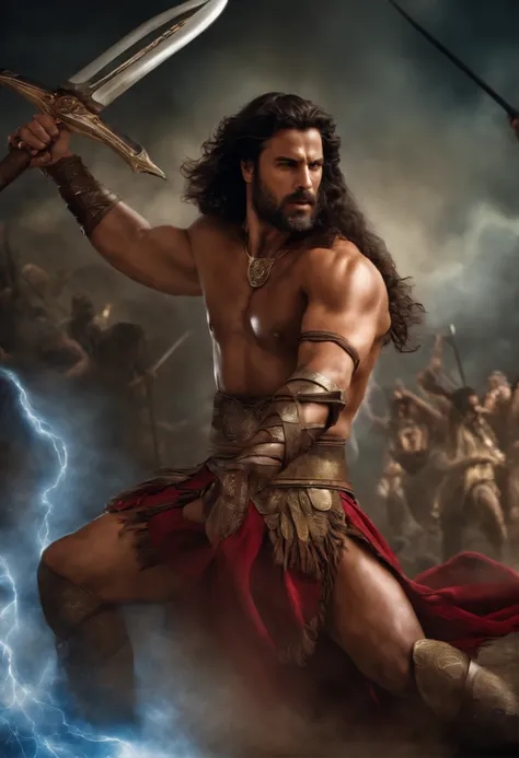 Generate an image that captures the epic Samson moment busting strings, and show Samson in the middle of a battle.