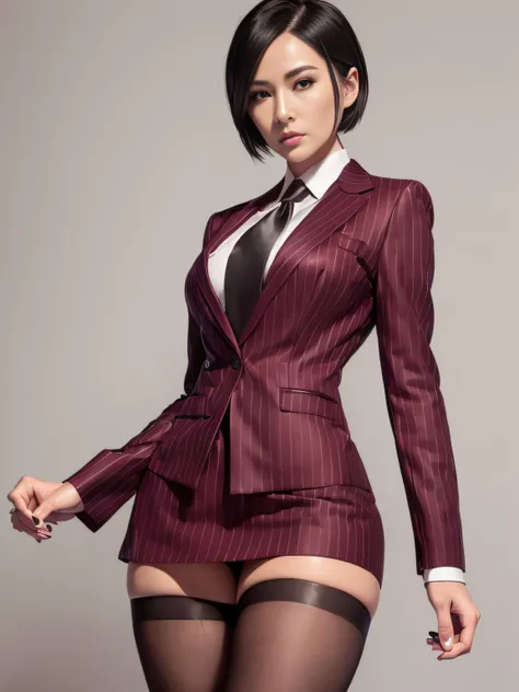 1 woman, ada wong, fully clothed, skirt suit, suit and tie, (((bthree-piece suit))), silk dress shirt, shirt and tie, necktie, ((blazer)), ((suit jacket)) ((waistcoat)), ((bodycon miniskirt)), pantyhose, tights, stockings, ((pinstripe suit)), high heels, t...