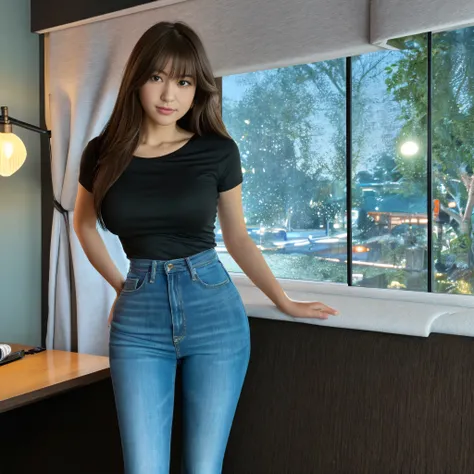 ((top-quality、in 8K、​masterpiece)),Beautiful young woman in Japan, long legged, foco nítido, Beautiful woman with perfect body shape, A slender , ((dark brown  hair、Colossal tits)), (White tight t-shirt、Tight skinny jeans 、is standing), ((Night City View、R...