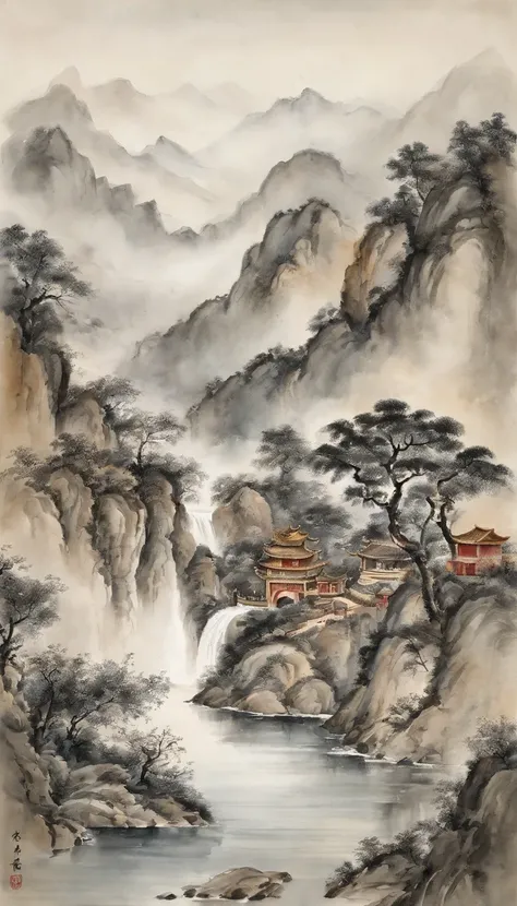 Chinese landscape painting，ink and watercolor painting，water ink，ink，Smudge，A man of about 35 years old, Light dark black hair, Very short, shaved pubic hair, Brown eyes, Physical constitution unknown, Height 17８, lbeard, Abdominal muscle hair，White swimmi...