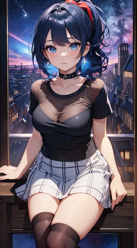 top-quality、Top image quality、​masterpiece、girl with((cute little、18year old、Best Bust、Medium bust、Bust 85,Beautiful blue eyes、Breasts wide open,Black Short Sleeve T-Shirt、White see-through、Black short skirt、Ponytail with black hair、Beautiful blue earrings...