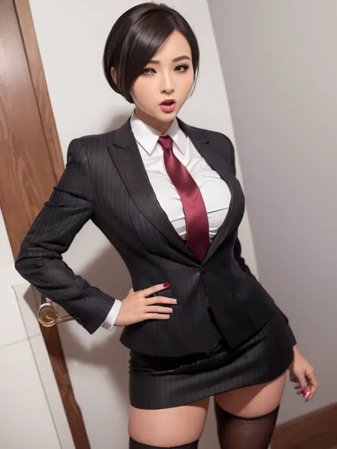 1 woman, ada wong, fully clothed, skirt suit, suit and tie, (((bthree-piece suit))), silk dress shirt, shirt and tie, necktie, ((blazer)), ((suit jacket)) ((waistcoat)), ((bodycon miniskirt)), pantyhose, tights, stockings, ((pinstripe suit)), high heels, t...