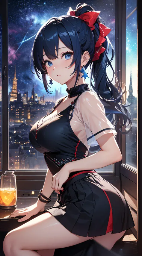 top-quality、Top image quality、​masterpiece、girl with((cute little、18year old、Best Bust、Medium bust、Bust 85,Beautiful blue eyes、Breasts wide open,Black Short Sleeve T-Shirt、White see-through、Black short skirt、Ponytail with black hair、Beautiful blue earrings...