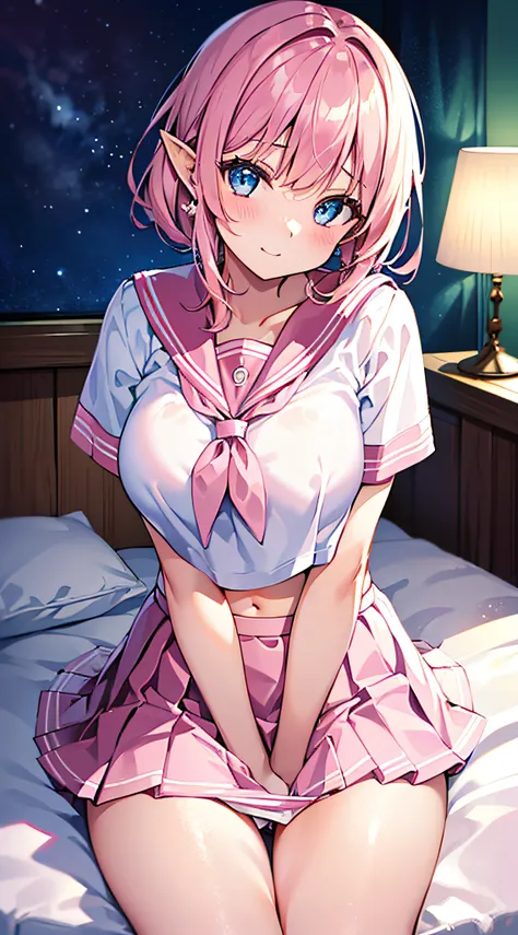 Beautiful illustration、top-quality、Cute little girl s、bedroom、A pink-haired、length hair、(((Pink pleated skirt)))、(((pink sailor suit)))、shortsleeves、Colossal tits、a navel、flank、Show white panties、Pull up your skirt and show your panties、bare-legged、blue ey...