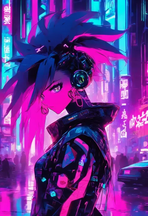 a cyberpunk model posing in a neon city, zooglefloodle, synthwave art, futurism, pop art, digital painting, graffiti art, fuchsia, cyan, silver, black, neon, sleek, geometric, tilted angle, cinematic lighting, highly stylized, cyberpunk, avant-garde perspe...