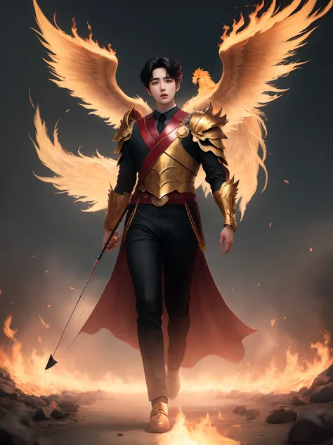 Realistic photo of Kim Seokjin, BTS group member in which they are walking on flames and behind him is a phoenix and he is wearing golden armor and is wielding a bow arrow