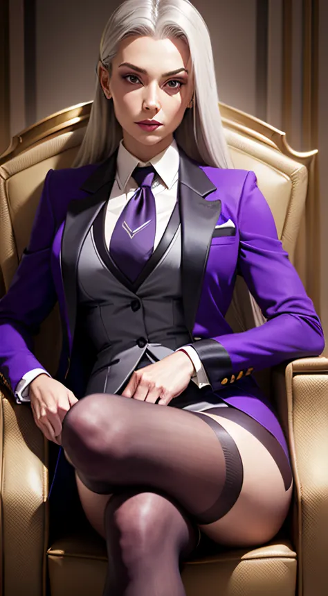 1 woman, SFW, perfect lighting, seios grandes,
gray hair
Sindels Hair
long hair pulled back
Long, straight hair back
multicolored hair,
Sindel, 8k, perfect hands,((obra-prima)), purple skirt suit, satin suit and tie, (((three-piece suit))), silk dress shir...