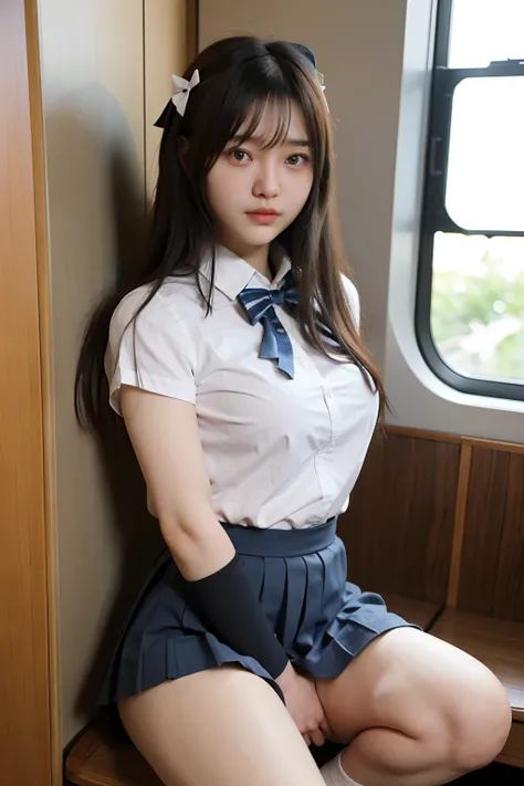 arafed asian woman in a short skirt and bow tie, half squat on a train, cute schoolgirl, japanese girl school uniform, wearing japanese school uniform, japanese school uniform, a hyperrealistic schoolgirl, dressed as schoolgirl, hyperrealistic schoolgirl, ...