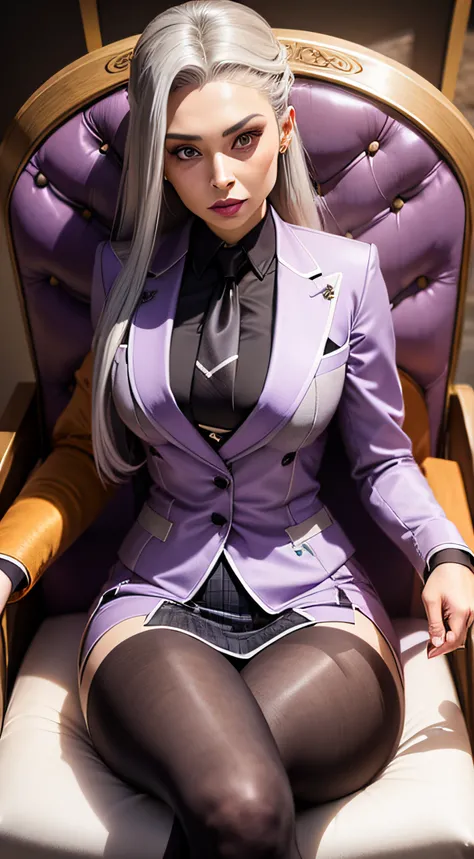 1 woman, SFW, perfect lighting, seios grandes,
gray hair
Sindels Hair
long hair pulled back
Long, straight hair back
multicolored hair,
Sindel, 8k, perfect hands,((obra-prima)), purple skirt suit, satin suit and tie, (((three-piece suit))), silk dress shir...