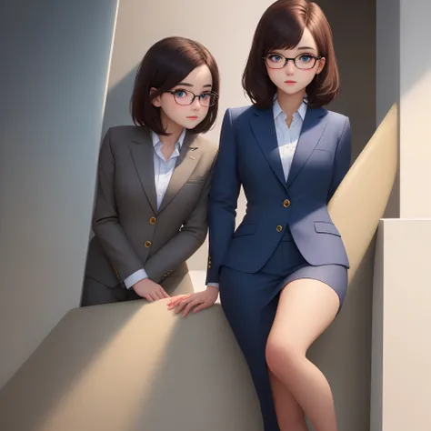 A young girl who looks smart with short dark brown hair, wears glasses and a dark blue suit with a few gold accents. Her eyes have two colours, looking at viewer, super sexy