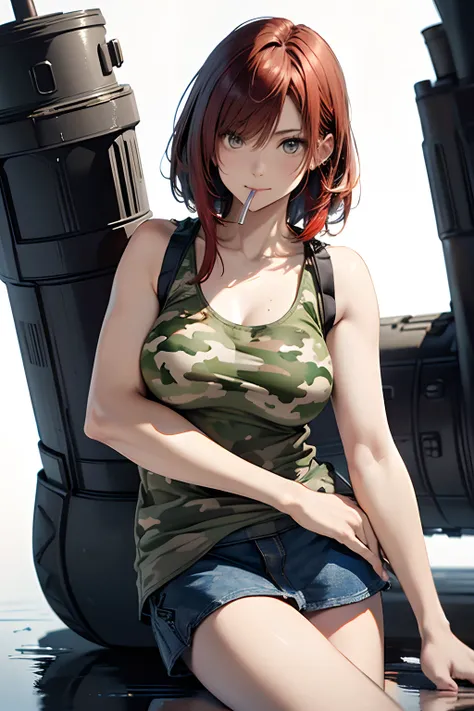 (Best Quality, 8K, Oil Painting, masutepiece:1.2), Ultra-detailed, (Realistic, Photorealistic:1.37), (((FULL BODYSHOT)))、Vibrant colors, Studio Lighting, (((The whole body is reflected)))、Shoulder-length bob hair, Green and brown tank top, Camouflage tank ...